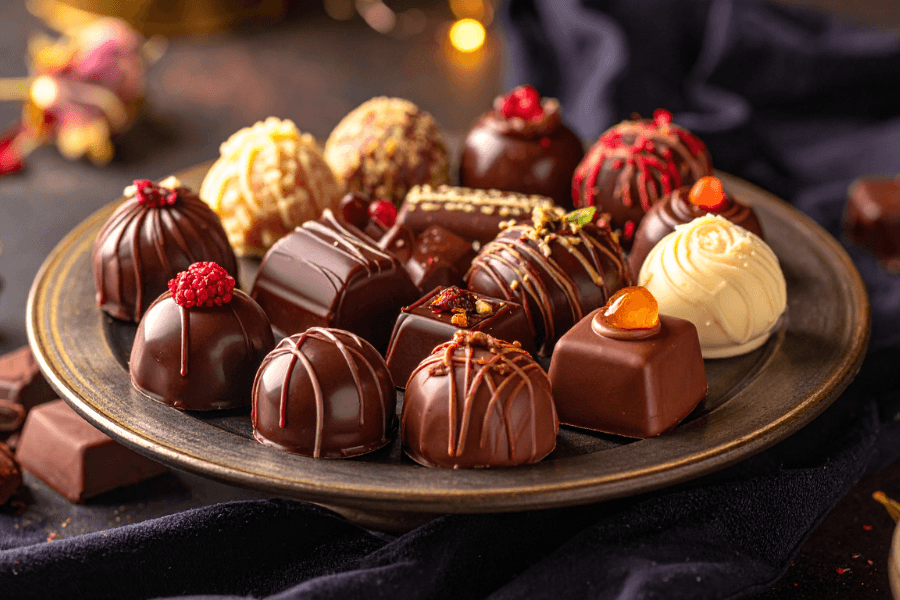 A decorative platter of assorted gourmet chocolates in various shapes and toppings.