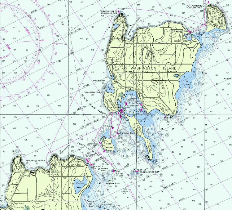 Map of Washington Island showing topography and waterways.