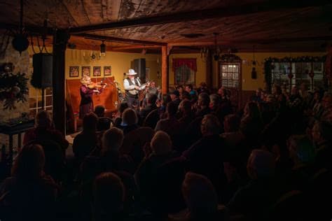 A lively performance in a cozy venue, featuring a musician playing the violin and another singing to an engaged audience.