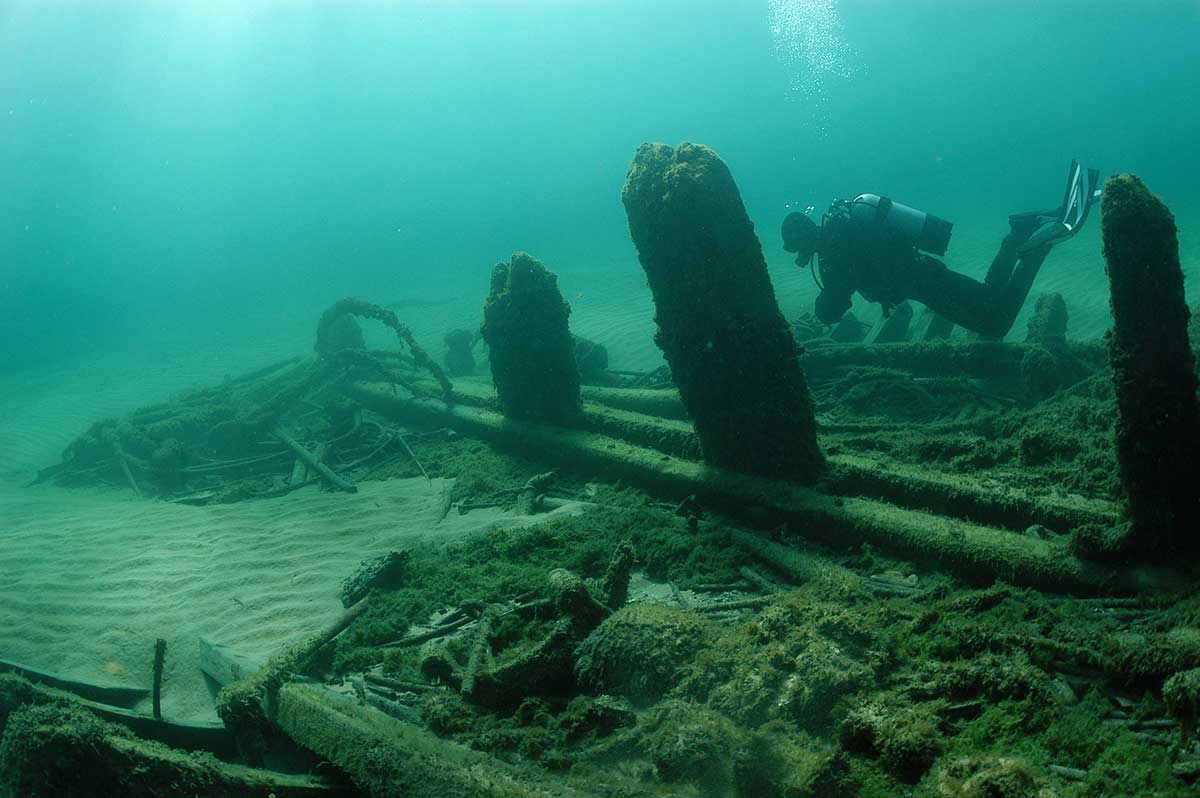 A diver explores the remains of a sunken ship on the ocean floor.