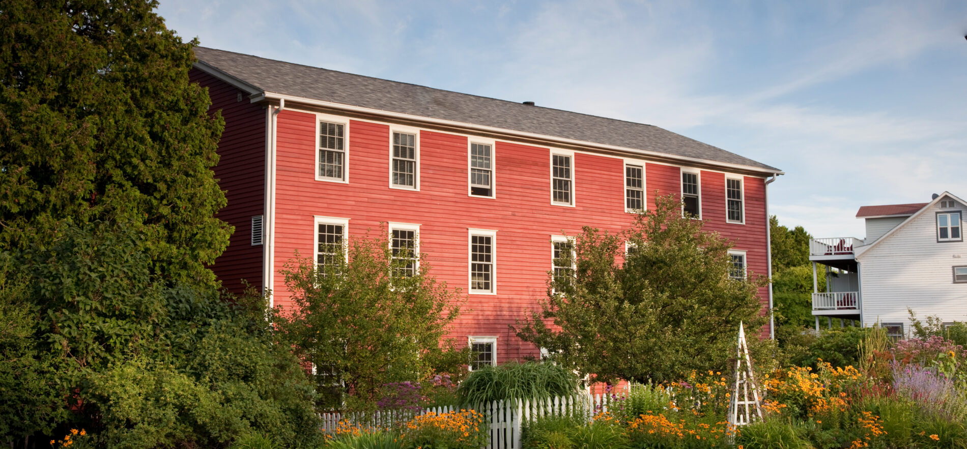 The Harbor House facade at sunset