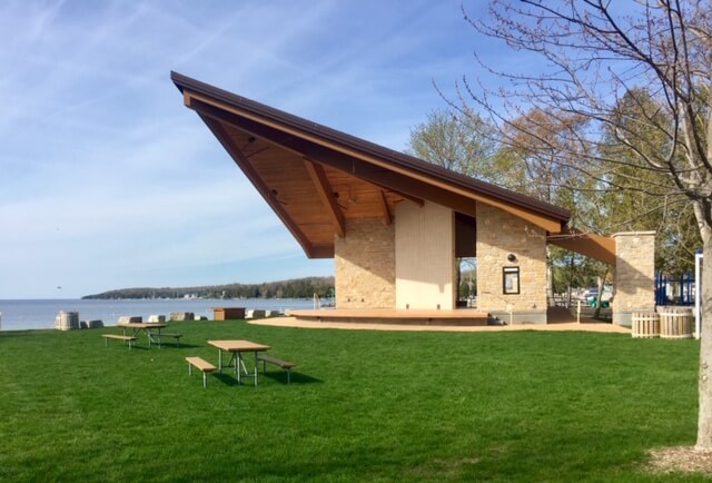 The stage and lawn at Waterfront Park in Sister Bay are ready to be filled with swinging music and dancing feet.